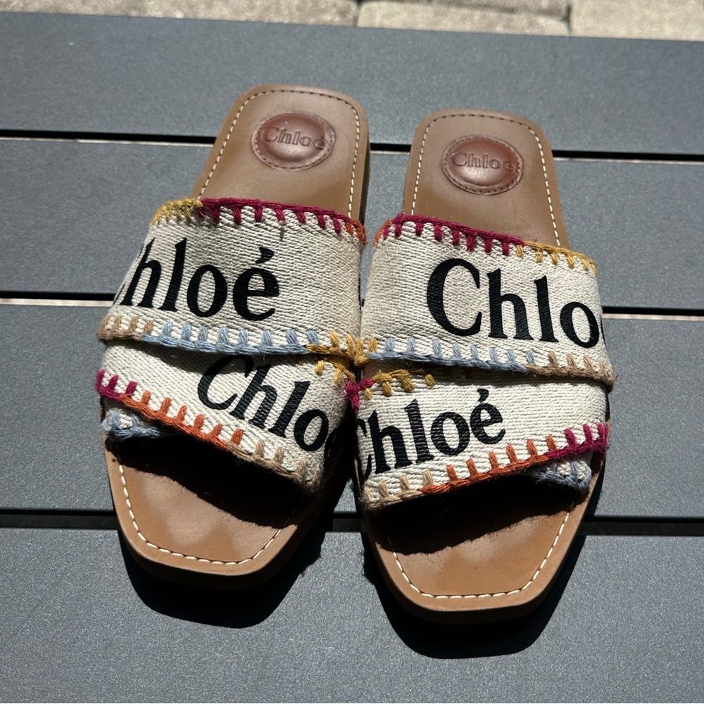Chloe Beige and Multicolor Slide Sandals